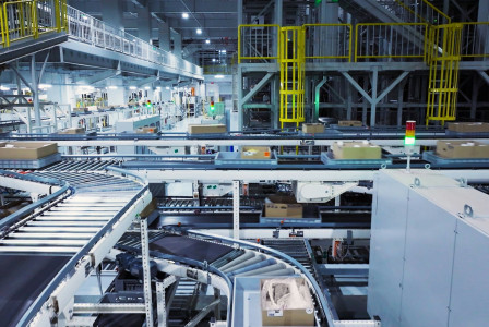 The photo presents an automated conveyor system transporting boxes and trays through an industrial facility, with multiple conveyor levels and yellow safety railings.