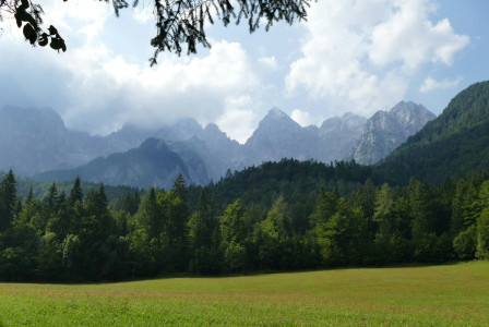 The photo presents a green meadow and dense forest beneath rocky mountain peaks partly covered by clouds.