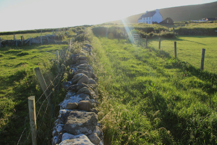 The photo presents green fields divided by stone walls and fences, with a white house in the distance.