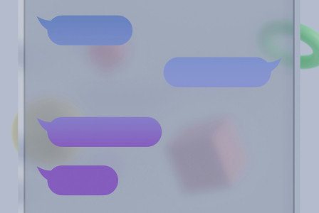The image presents four blank blue and purple speech bubbles on a translucent panel, illustrating a digital chat interface.