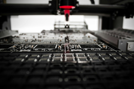 The photo presents a machine producing circuit boards.