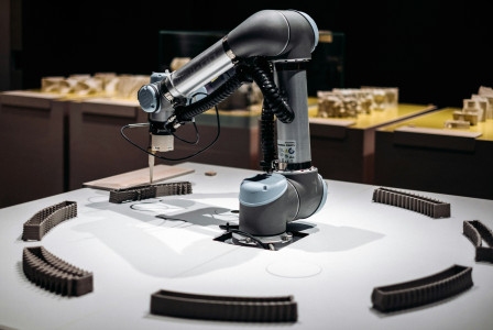 This picture shows a robotic arm engaged in an automated fabrication or manufacturing process.