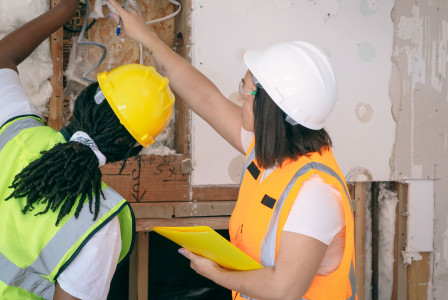 The picture describes two construction workers inspecting and installing electrical wiring inside a building under renovation.