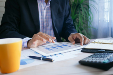 The photo presents a businessperson analysing financial charts on a tablet.