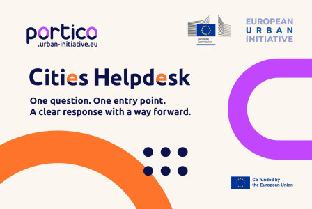 This picture is a promotional graphic for the Cities Helpdesk, part of the European Urban Initiative.