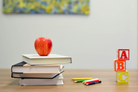 The photo presents books, an apple and alphabet blocks.