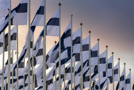 Multiple Finland flags waving.