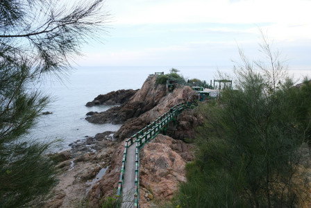 The photo presents a rocky coastal path by the sea.