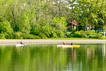 The photo presents people kayaking on a calm river or lake surrounded by lush greenery.