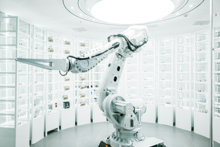 The photo presents an industrial robot in a modern laboratory.