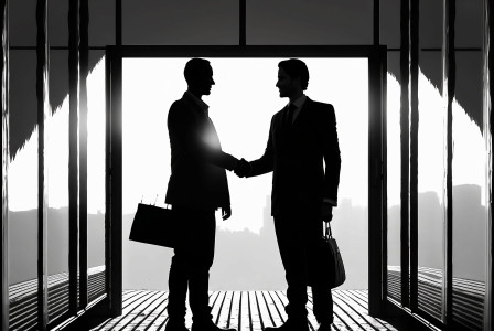 An illustrative photo of businessmen negotiating a deal in an office setting.