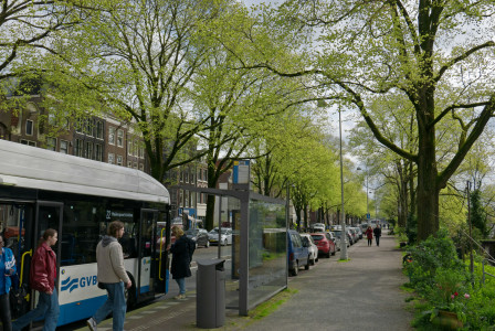 An illustrative photo of a group of people leaving a bus on a green street