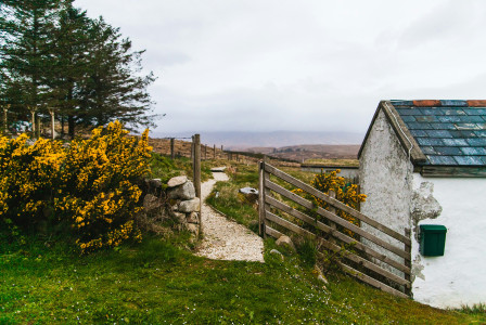 An illustrative photo of white house on a hill beside fence