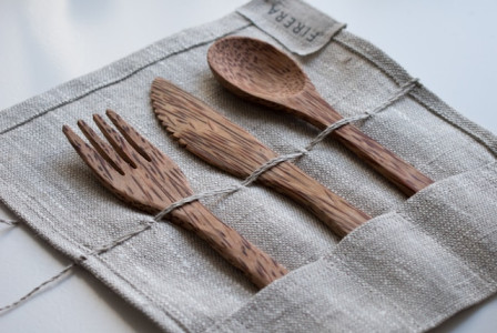 An illustrative photo of a set of brown wooden fork, spoon, and knife