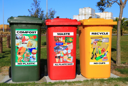 An illustrative photo of red, yellow, and green trash bins
