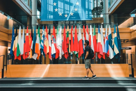 An illustrative photo of flags in European Parliament building