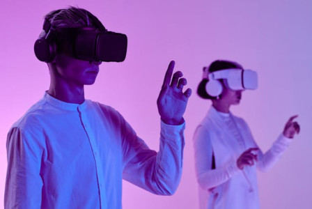An illustrative photo of two individuals using virtual reality headsets against a purple background. 