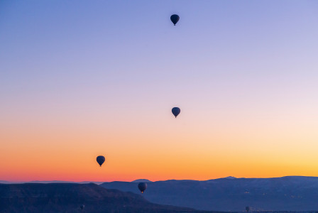 An illustrative photo of a group of hot air balloons flying in the sky.