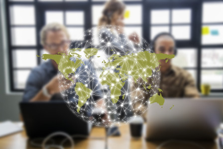 An illustrative photo of a digital globe with interconnected nodes and lines.