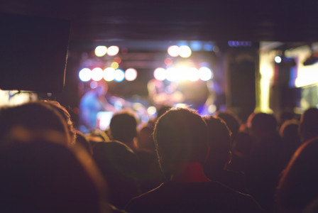 An illustrative photo of a concert scene with a crowd of people.