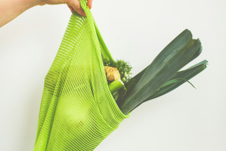 An illustrative photo of a person holding green leaf vegetable in a light green bag