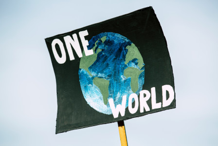 An illustrative photo of a hand-held sign with a painted illustration of Earth and the text “ONE WORLD"