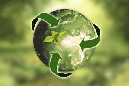 An illustrative photo of Earth with recycling symbol and a plant sprouting leaves