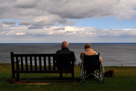 An illustrative photo of two old people sitting on a bench overlooking the sea, with one person in a wheelchair