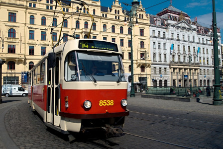 An illustrative photo of a tram on the street of Prague