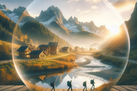 The image depicts a serene mountain village, nestled within a valley surrounded by towering, snow-capped peaks.