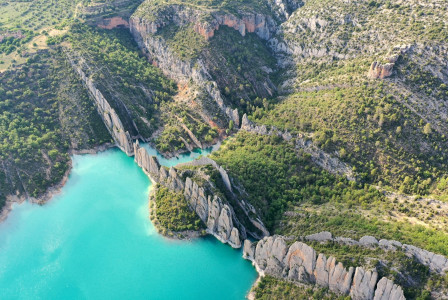 An illustrative photo of a mountain with green trees beside a lake