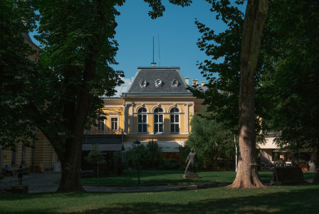 An illustrative photo of a yellow building between the trees