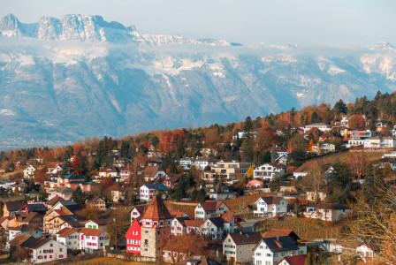An illustrative photo of a town in front of a mountain
