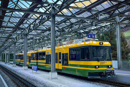 An illustrative photo of a yellow and green train pulling into a train station.