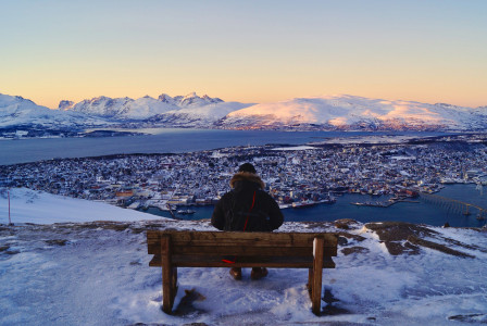 An illustrative photo of a person sitting down on brown wooden bench.