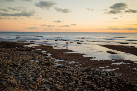 An illustrative photo of a person standing on a beach at sunset