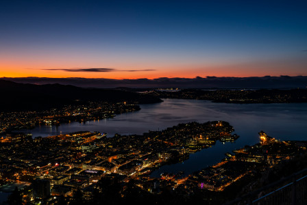 An illustrative photo of a view of a city at night from a hill.