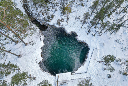 An illustrative photo of a snow covered lake surrounded by trees