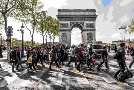 An illustrative photo of people crossing a street in Paris.