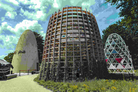 An illustrative photo of modern constructions in the green forest.