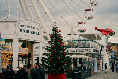An illustrative photo of a ferris wheel with a christmas tree in front of it.