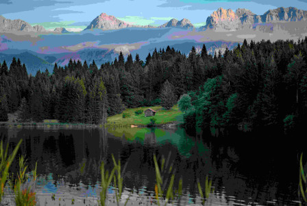 An illustrative photo of a lake in the forest with mountains in the background.