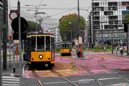 An illustrative photo of two yellow trams on a road.