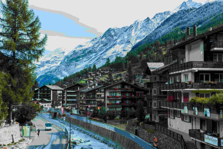 An illustrative photo of houses near road and mountain under blue sky.