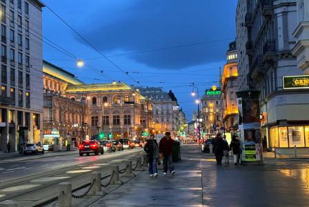 An illustrative photo of a group of people walking down a street next to tall buildings.