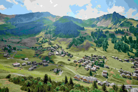 An illustrative photo of a landscape with houses and trees.