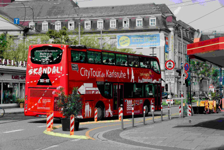 An illustrative photo of a red bus.