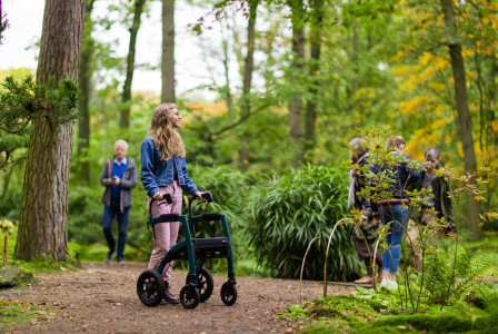 An illustrative photo of a group of people walking through a forest.