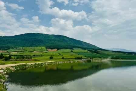An illustrative photo of a lake in the green mountains. 