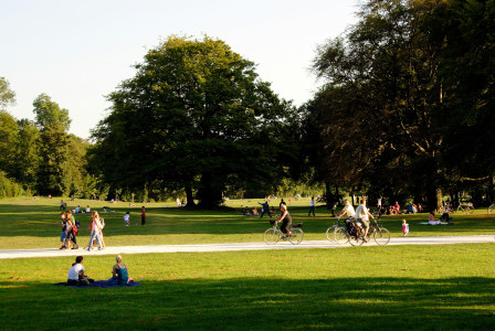 An illustrative photo of people walking in a park.